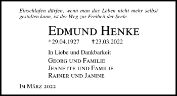 Traueranzeige von Edmund Henke von Ostsee-Zeitung GmbH