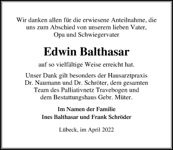 Traueranzeige von Edwin Balthasar von Lübecker Nachrichten