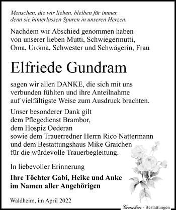 Traueranzeige von Elfriede Gundram von Leipziger Volkszeitung