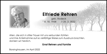 Traueranzeige von Elfriede Rehren von Hannoversche Allgemeine Zeitung/Neue Presse