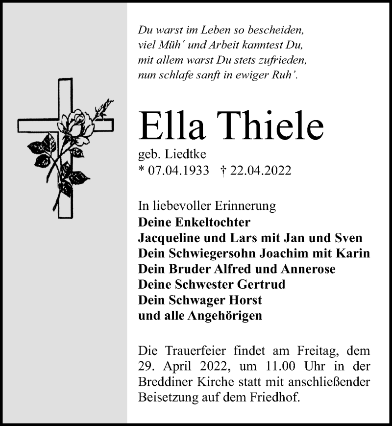  Traueranzeige für Ella Thiele vom 26.04.2022 aus Märkischen Allgemeine Zeitung