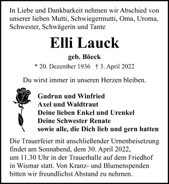 Traueranzeige von Elli Lauck von Ostsee-Zeitung GmbH