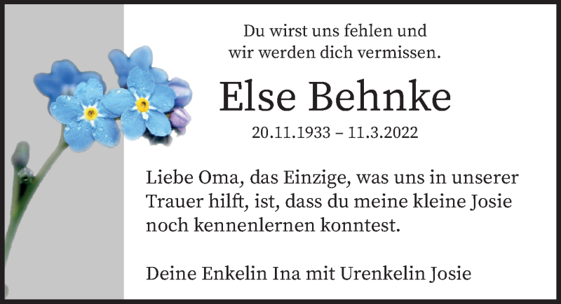  Traueranzeige für Else Behnke vom 02.04.2022 aus Märkischen Allgemeine Zeitung