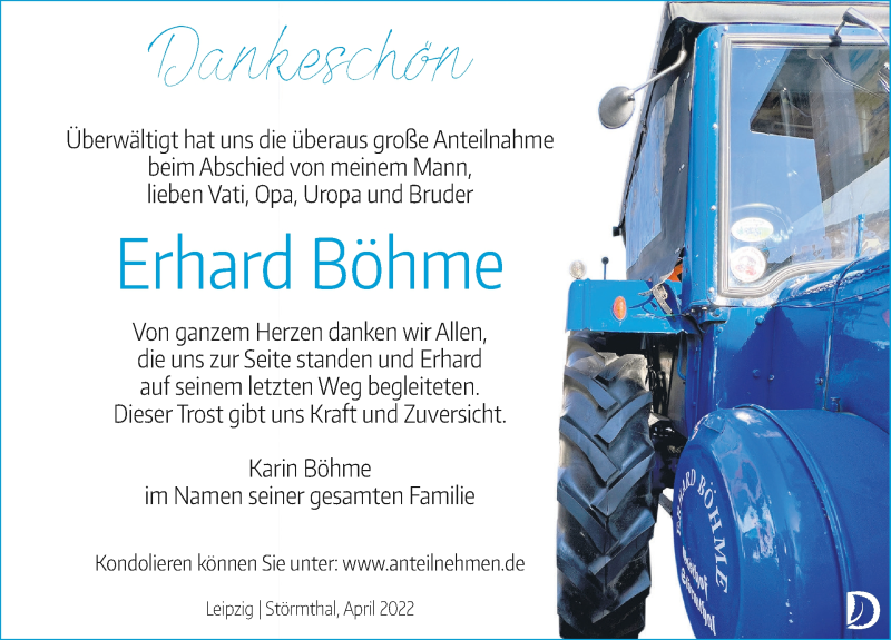  Traueranzeige für Erhard Böhme vom 02.04.2022 aus Leipziger Volkszeitung