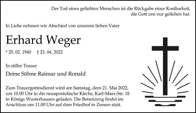  Traueranzeige für Erhard Weger vom 30.04.2022 aus Märkischen Allgemeine Zeitung