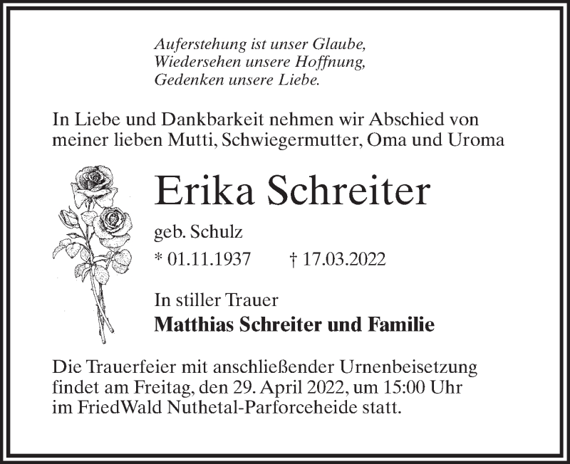  Traueranzeige für Erika Schreiter vom 09.04.2022 aus Märkischen Allgemeine Zeitung