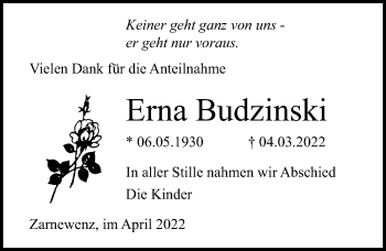 Traueranzeige von Erna Budzinski von Ostsee-Zeitung GmbH