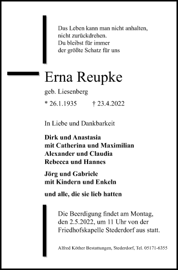 Traueranzeige von Erna Reupke von Peiner Allgemeine Zeitung
