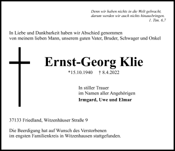 Traueranzeige von Ernst-Georg Klie von Göttinger Tageblatt