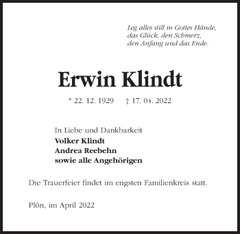 Traueranzeige von Erwin Klindt von Kieler Nachrichten