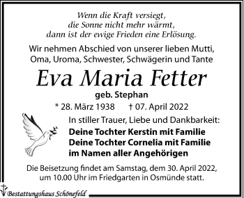 Traueranzeige von Eva Maria Fetter von Leipziger Volkszeitung