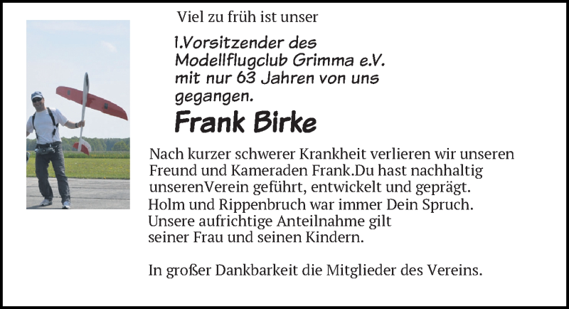  Traueranzeige für Frank Birke vom 23.04.2022 aus Leipziger Volkszeitung