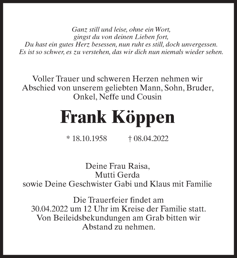  Traueranzeige für Frank Köppen vom 23.04.2022 aus Märkischen Allgemeine Zeitung