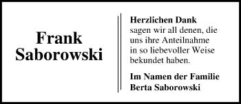 Traueranzeige von Frank Saborowski von Lübecker Nachrichten