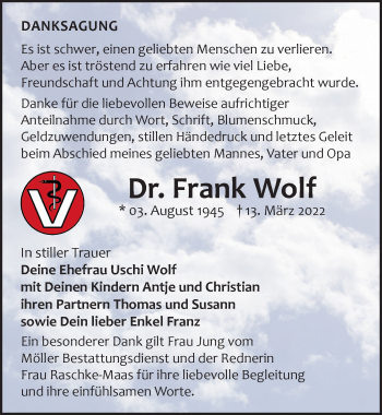 Traueranzeige von Frank Wolf von Leipziger Volkszeitung