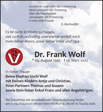 Traueranzeige von Frank Wolf von Leipziger Volkszeitung