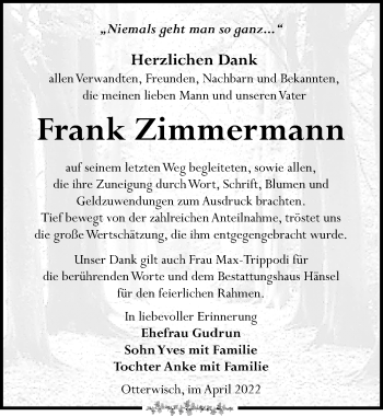 Traueranzeige von Frank Zimmermann von Leipziger Volkszeitung