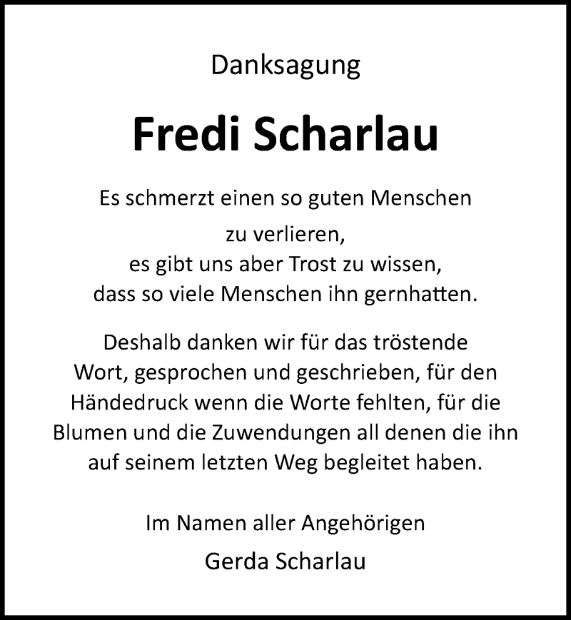  Traueranzeige für Fredi Scharlau vom 09.04.2022 aus Ostsee-Zeitung GmbH