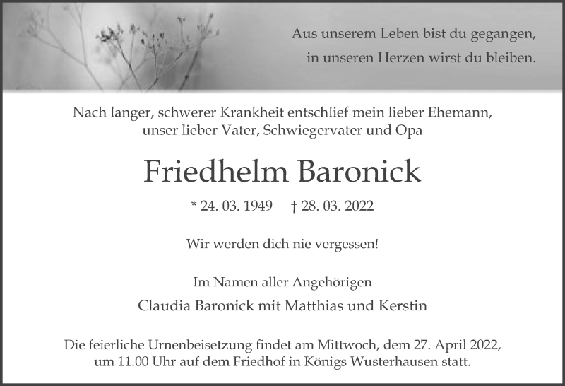  Traueranzeige für Friedhelm Baronick vom 09.04.2022 aus Märkischen Allgemeine Zeitung