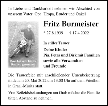Traueranzeige von Fritz Burmeister von Ostsee-Zeitung GmbH