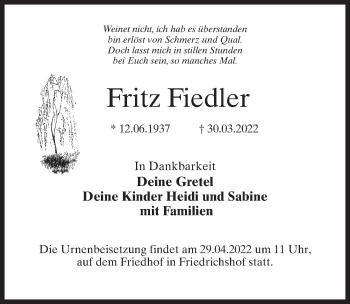 Traueranzeige von Fritz Fiedler von Märkischen Allgemeine Zeitung