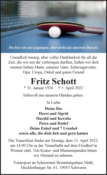 Traueranzeige von Fritz Schott von Ostsee-Zeitung GmbH