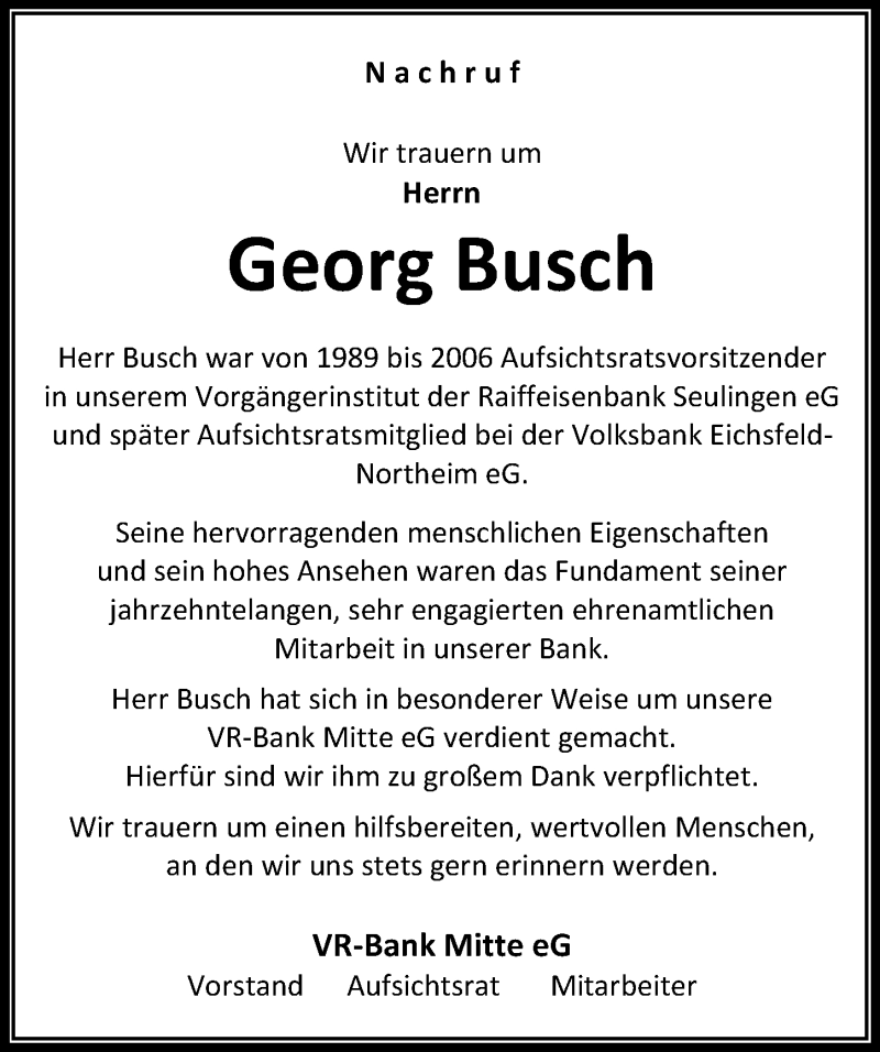  Traueranzeige für Georg Busch vom 13.04.2022 aus Eichsfelder Tageblatt