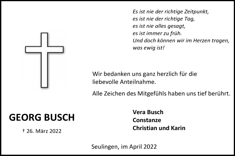  Traueranzeige für Georg Busch vom 23.04.2022 aus Göttinger Tageblatt