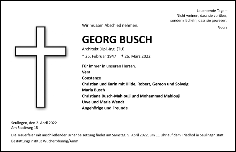  Traueranzeige für Georg Busch vom 02.04.2022 aus Göttinger Tageblatt