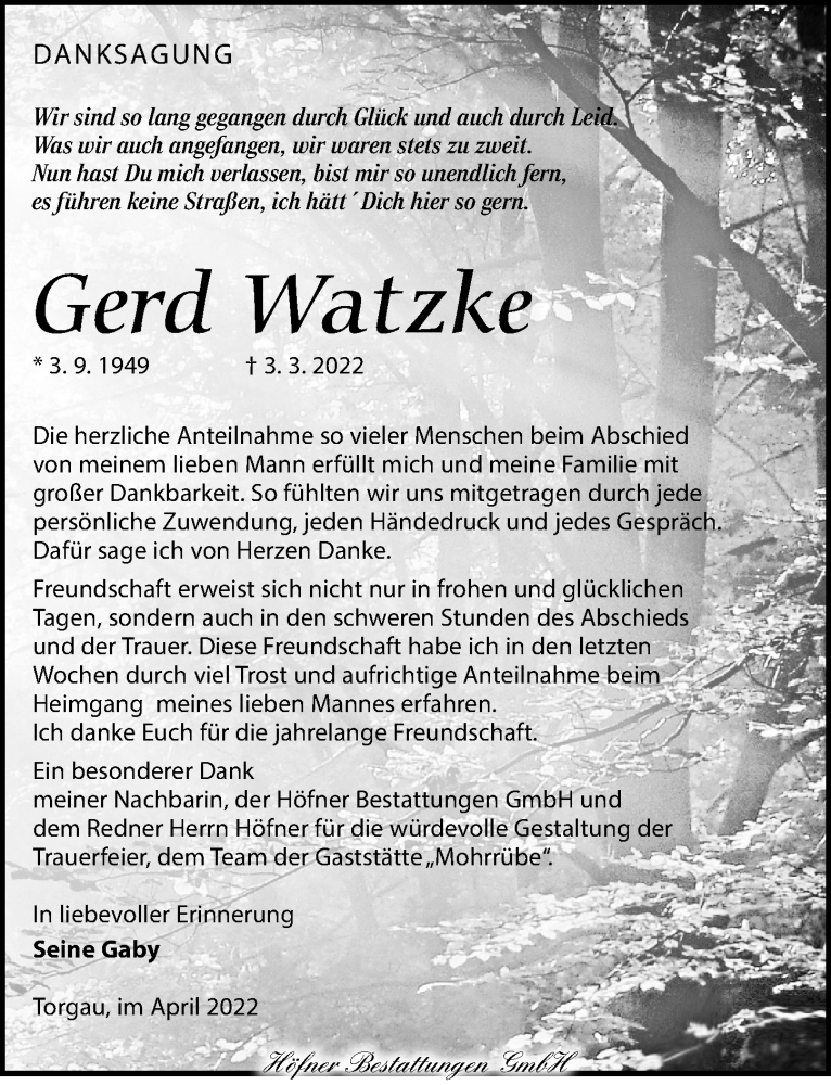  Traueranzeige für Gerd Watzke vom 02.04.2022 aus Torgauer Zeitung