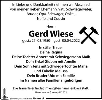 Traueranzeige von Gerd Wiese von Leipziger Volkszeitung