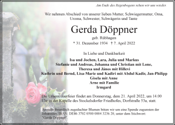 Traueranzeige von Gerda Döppner von Lübecker Nachrichten