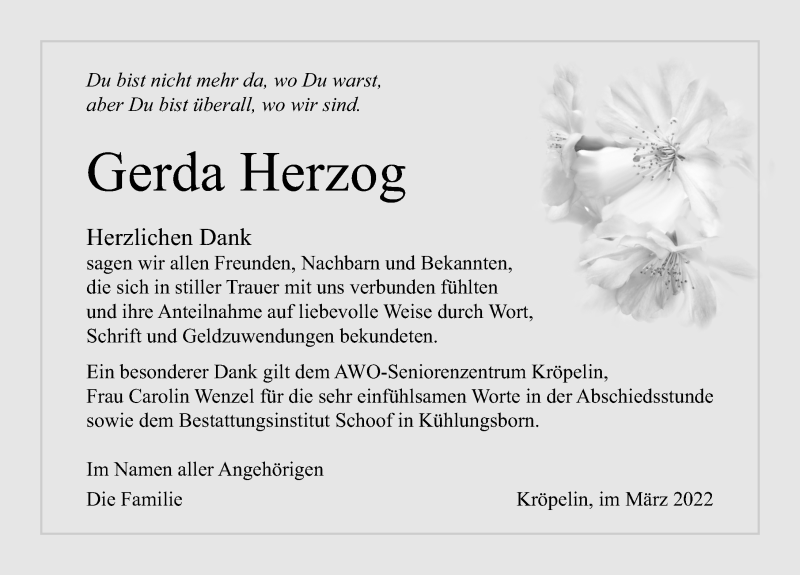  Traueranzeige für Gerda Herzog vom 02.04.2022 aus Ostsee-Zeitung GmbH
