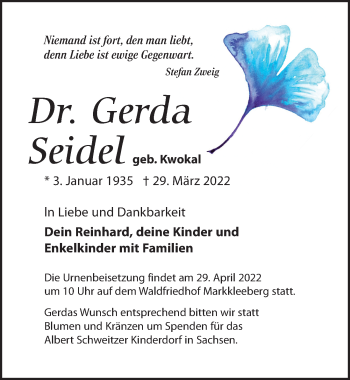 Traueranzeige von Gerda Seidel von Leipziger Volkszeitung