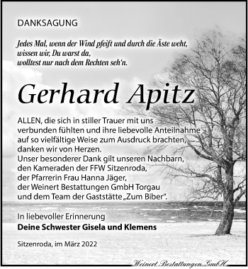 Traueranzeige von Gerhard Apitz von Torgauer Zeitung
