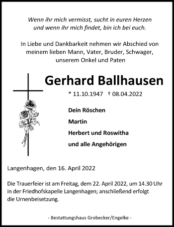 Traueranzeige von Gerhard Ballhausen von Eichsfelder Tageblatt