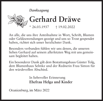 Traueranzeige von Gerhard Dräwe von Märkischen Allgemeine Zeitung