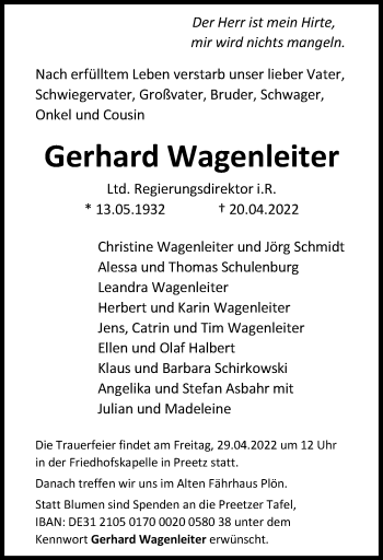 Traueranzeige von Gerhard Wagenleiter von Kieler Nachrichten