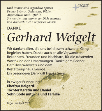 Traueranzeige von Gerhard Weigelt von Leipziger Volkszeitung