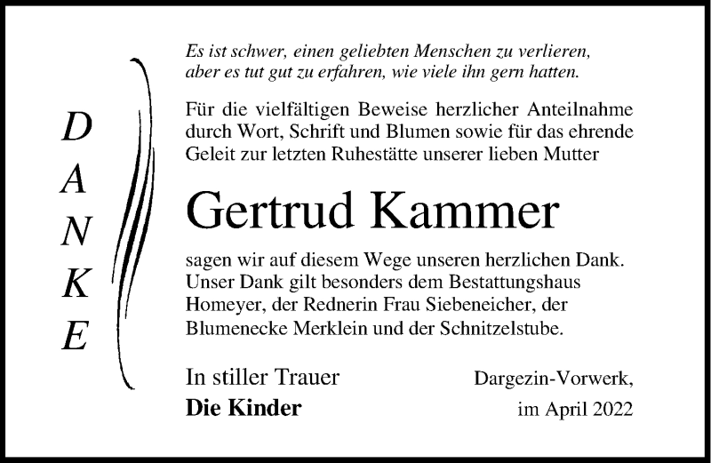  Traueranzeige für Gertrud Kammer vom 09.04.2022 aus Ostsee-Zeitung GmbH