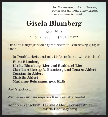 Traueranzeige von Gisela Blumberg von Kieler Nachrichten