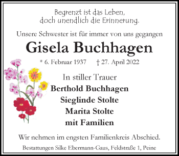 Traueranzeige von Gisela Buchhagen von Peiner Allgemeine Zeitung