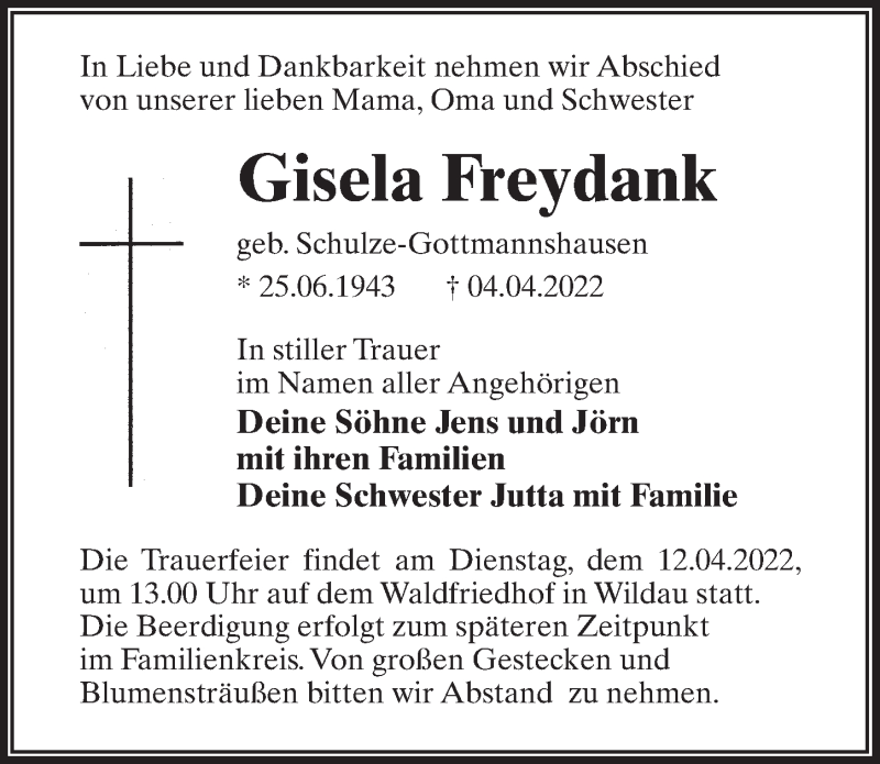  Traueranzeige für Gisela Freydank vom 09.04.2022 aus Märkischen Allgemeine Zeitung