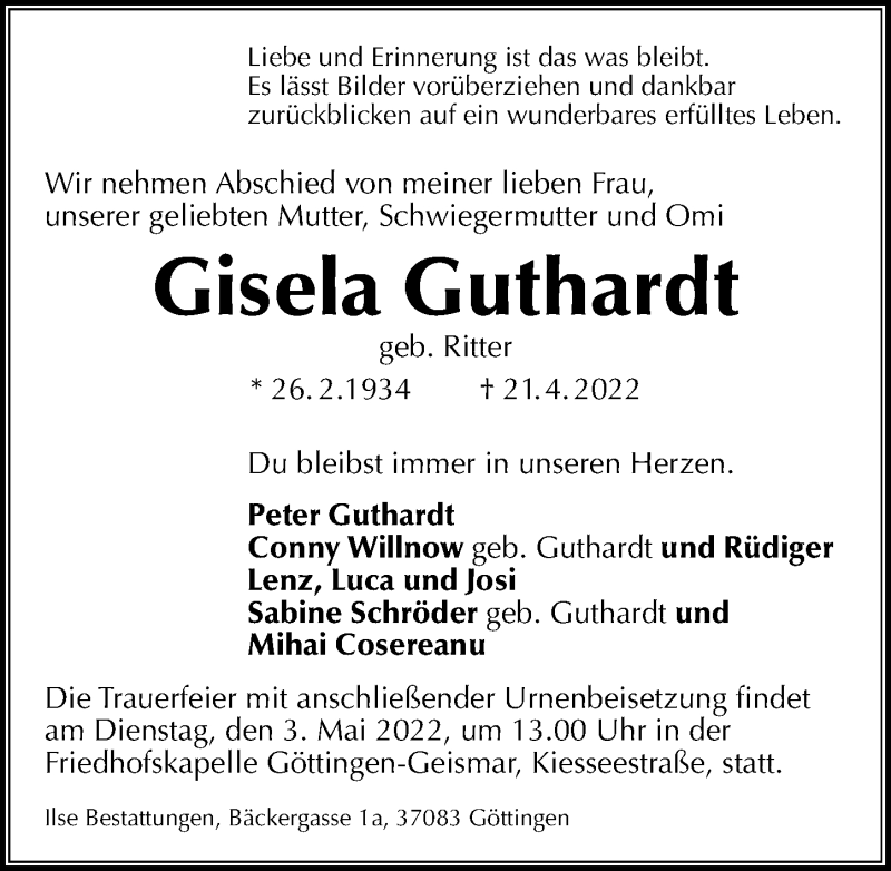  Traueranzeige für Gisela Guthardt vom 30.04.2022 aus Göttinger Tageblatt