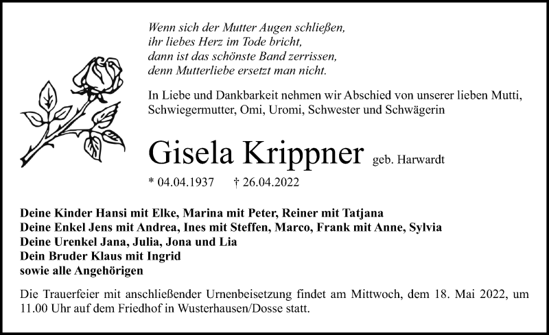  Traueranzeige für Gisela Krippner vom 30.04.2022 aus Märkischen Allgemeine Zeitung