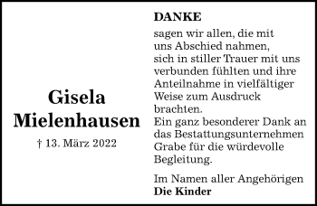 Traueranzeige von Gisela Mielenhausen von Göttinger Tageblatt