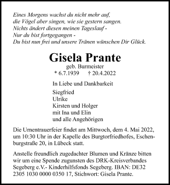 Traueranzeige von Gisela Prante von Kieler Nachrichten
