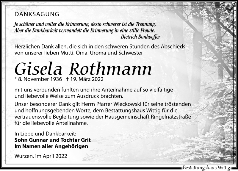  Traueranzeige für Gisela Rothmann vom 23.04.2022 aus Leipziger Volkszeitung