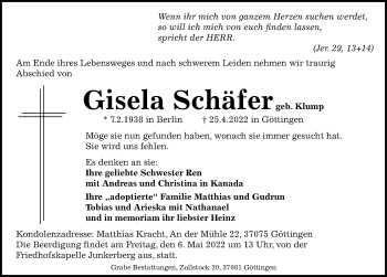 Traueranzeige von Gisela Schäfer Klump von Göttinger Tageblatt