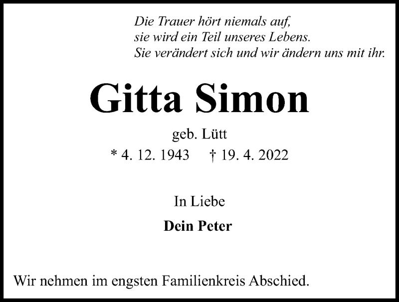  Traueranzeige für Gitta Simon vom 23.04.2022 aus Kieler Nachrichten